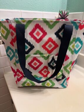 thirty-one Multi-Color Ikat Diamond Tote with Navy Handles